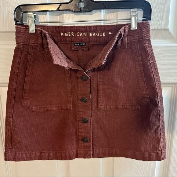 American Eagle Corduroy Button-Front Skirt Burgundy NWOT Size 0 - Picture 3 of 9